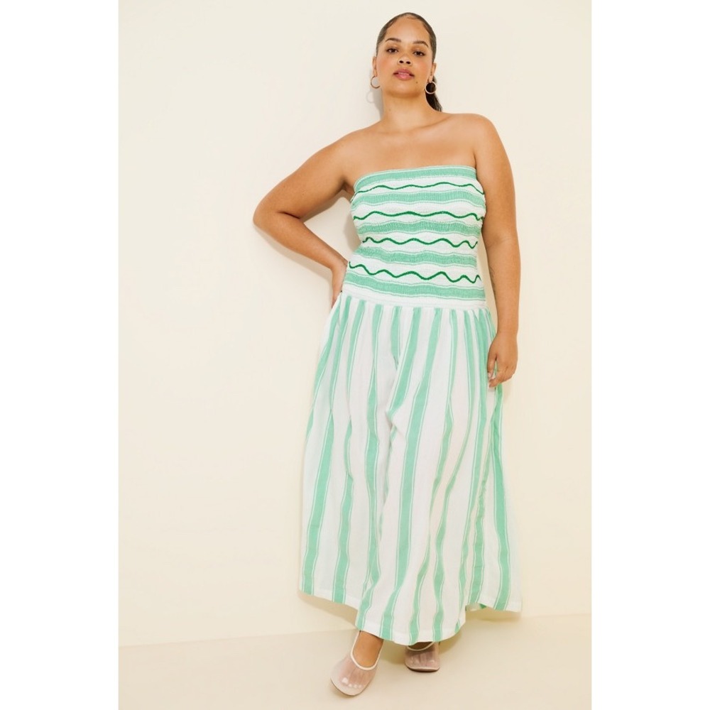 Celandine Green White Striped Smocked Strapless Maxi Dress Large